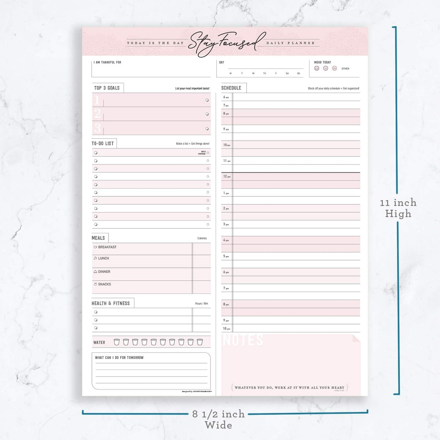 Daily Notepad Planner To Do Schedule - Stay Focused 50 Tear off Premium Made USA (Rose Pink)