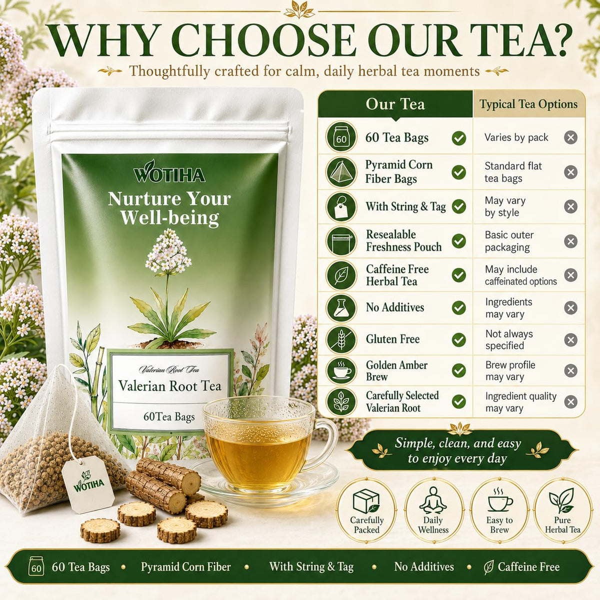WOTIHA 60 Count Valerian Root Tea Bags - Pure Valeriana Herb for Bedtime Calm - Plant-Based Corn Fiber Pyramid Bags with String - Natural Earthy Flavor, Caffeine Free Herbal Tea