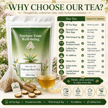 WOTIHA 60 Count Valerian Root Tea Bags - Pure Valeriana Herb for Bedtime Calm - Plant-Based Corn Fiber Pyramid Bags with String - Natural Earthy Flavor, Caffeine Free Herbal Tea