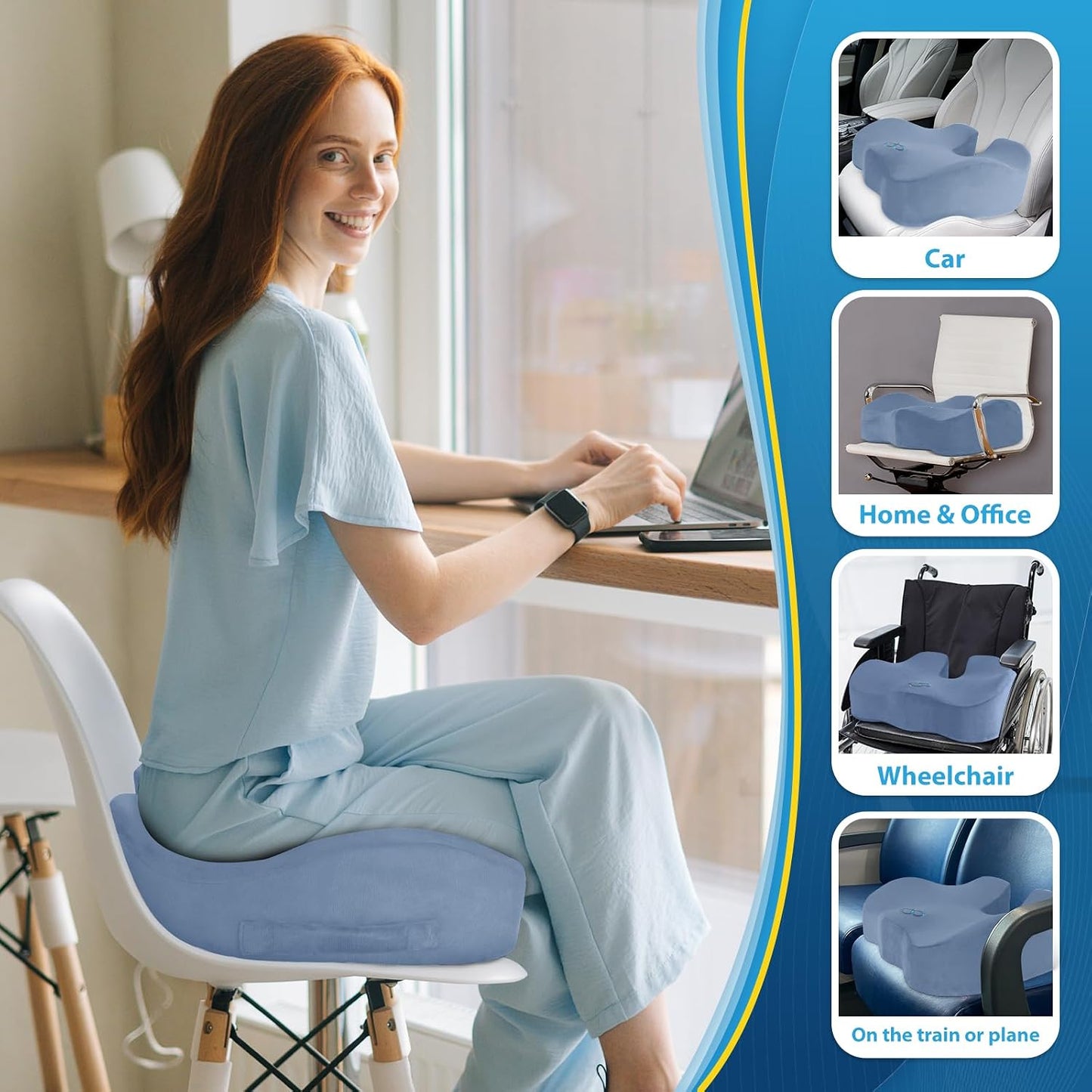 BlissTrends Seat Cushion with Velvet Cover, Thick Memory Foam Cushions for Office Chair, Car Seat, Airplane, Relieving Pressure Tailbone Sciatica Back Pain for Long Sitting, Car Drivers 4.7in Black