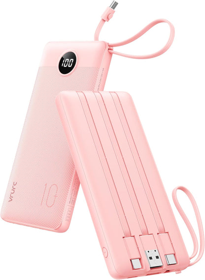 VRURC Portable Charger, Slim Power Bank Built-in 4 Cables, Travel Essential