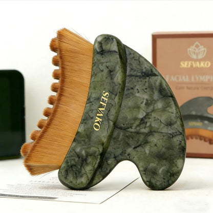 Lymphatic Contour Face Brush, Dual-Ended Dry Brush + Cool-Touch Jade Gua Sha Edge, 0.075mm Ultra-Soft Bristles Gua Sha Facial Tools, for Lymphatic Drainage, Less Puffy Look, Sculpt & Relax
