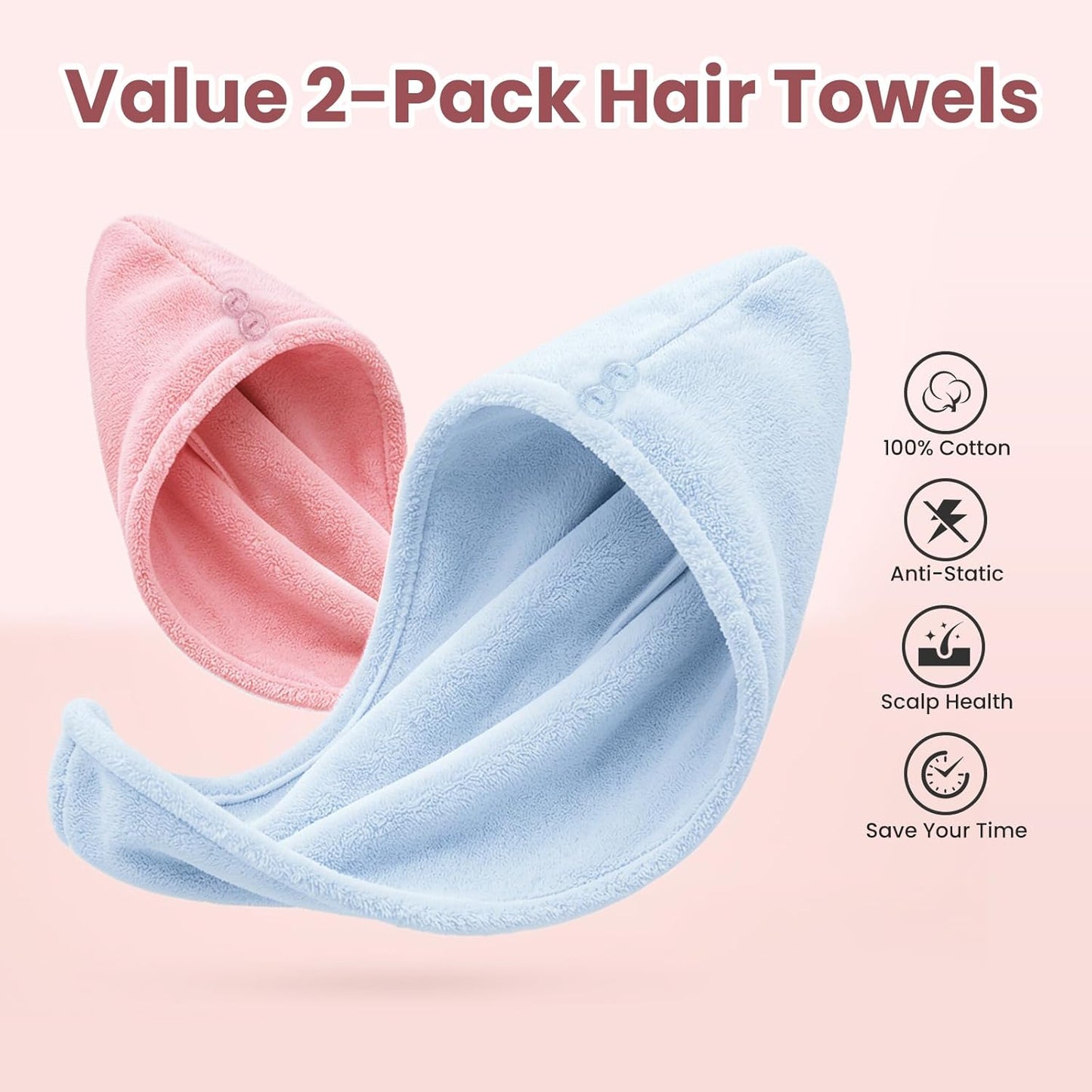 Mandydov 100% Cotton Hair Towel Wrap for Women, 2 Pack Thickened & Super Absorbent Turbans, Anti Frizz Quick Dry Hair Towels (Blue, Pink Blush)