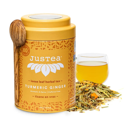 JusTea TURMERIC GINGER Loose Herbal Tea, 40+ Cup Tin + Spoon, Caffeine-Free
