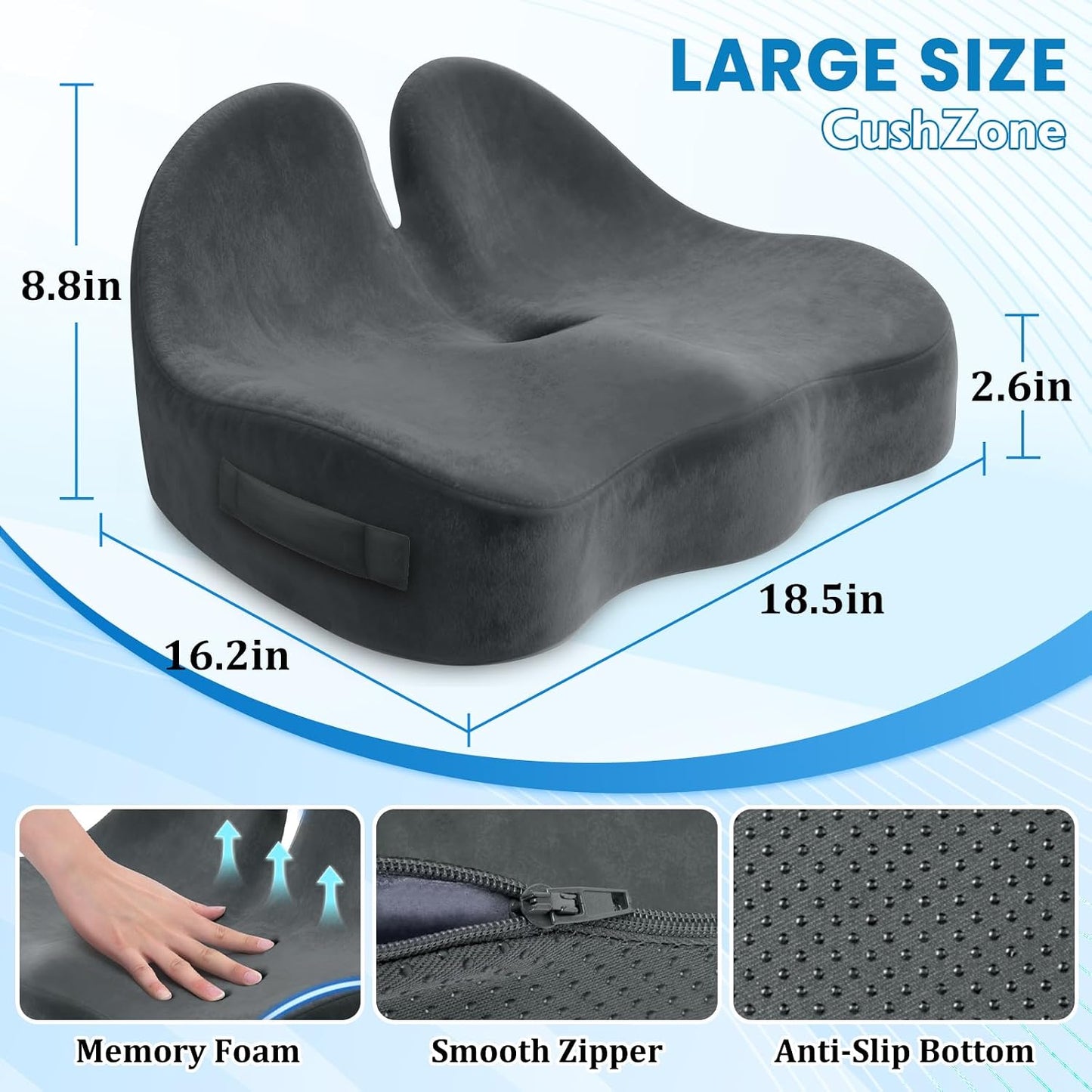 CushZone Seat Cushion, Ergonomic Memory Foam Seat Cushions for Office Chairs, Car, Long Trip, Desk Chair, Lab, Extra Large Size for Sciatica & Hip & Tailbone Pain Relief, Sciatica Support (Black)