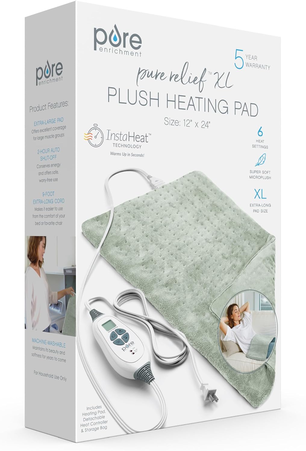 Pure Enrichment® PureRelief® XL Heating Pad - 12" x 24" Electric Heating Pad for Back Pain & Cramps, 6 Heat Settings, Soft Machine Wash Fabric, Auto-Off & Moist Heat (Charcoal Gray)