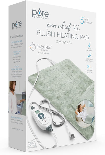 Pure Enrichment® PureRelief® XL Heating Pad - 12" x 24" Electric Heating Pad for Back Pain & Cramps, 6 Heat Settings, Soft Machine Wash Fabric, Auto-Off & Moist Heat (Charcoal Gray)