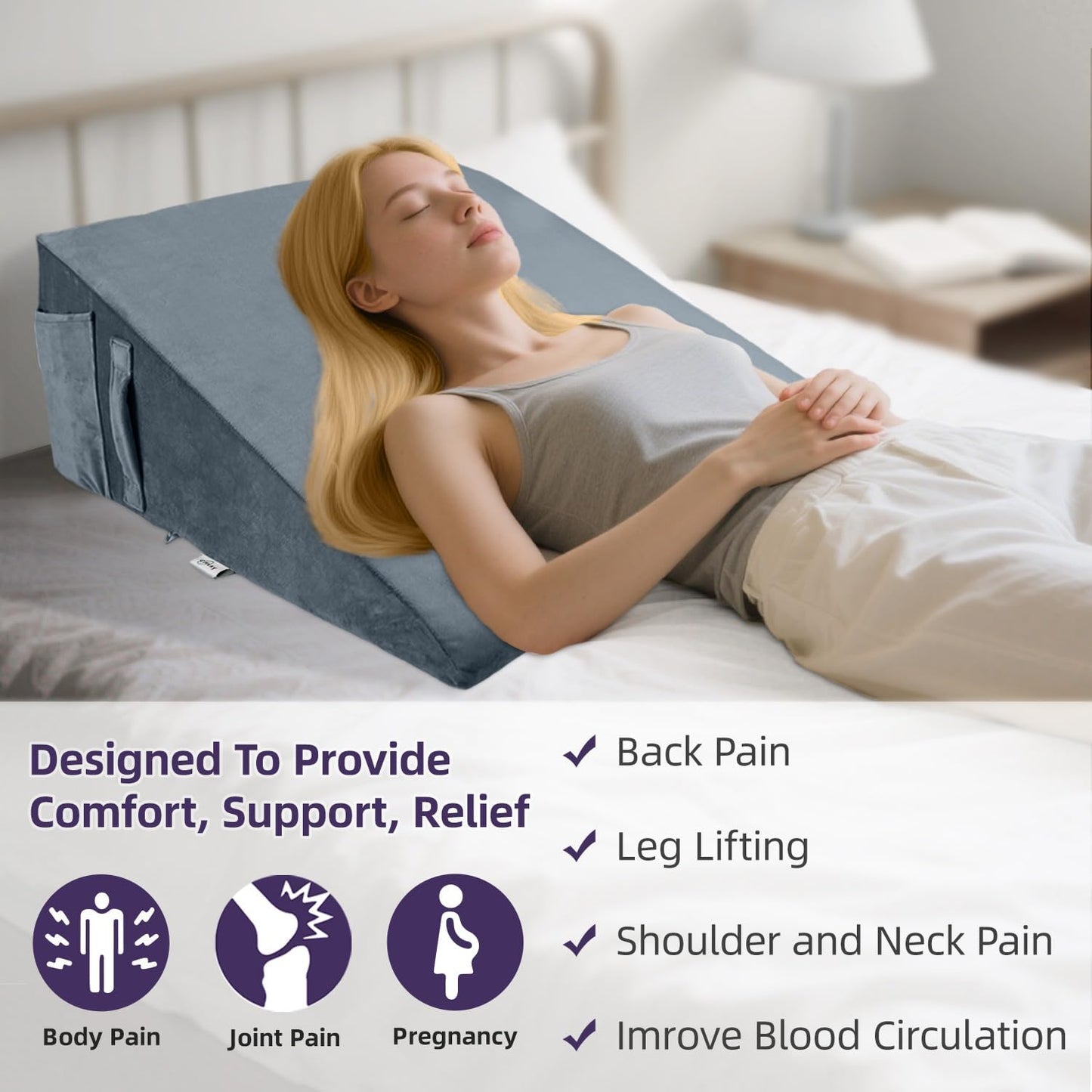 CHxxy Memory Foam Bed Wedge Pillow (10"x24"x24") - Acid Reflux & Back Pain Relief, Anti-Snoring Incline Design, Removable Washable Cover for Sleep & Post-Surgery Support