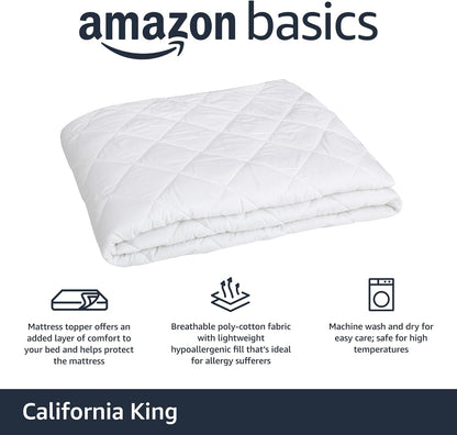 Amazon Basics Hypoallergenic Quilted Breathable Mattress Topper Pad with Protection, 18 Inches Deep, King Size, White