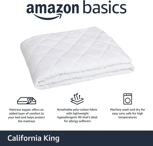 Amazon Basics Hypoallergenic Quilted Breathable Mattress Topper Pad with Protection, 18 Inches Deep, King Size, White