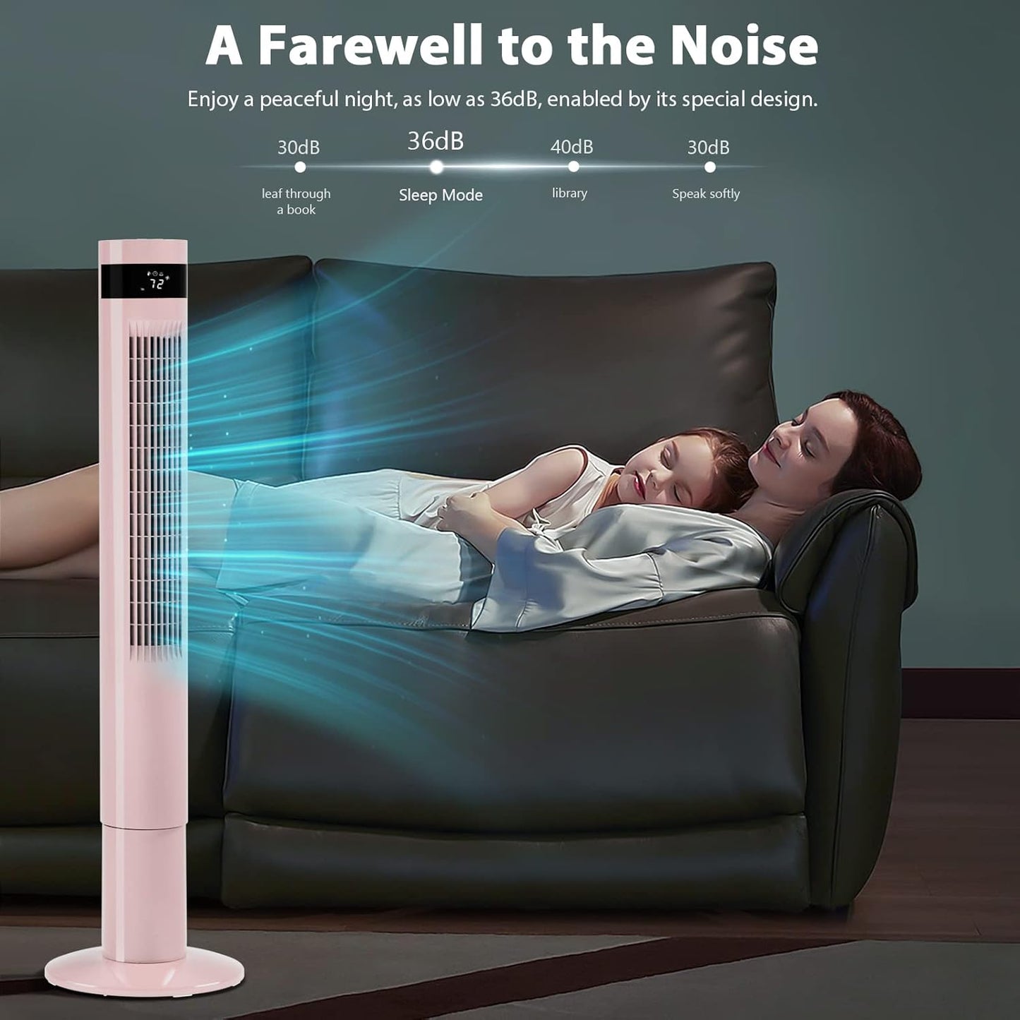Antarctic Star Tower Fan 85°Oscillating Fan Quiet Cooling 12H Timer Remote Control Bladeless Electric 3 Speeds Wind 3 Modes, 42INCH, PINK