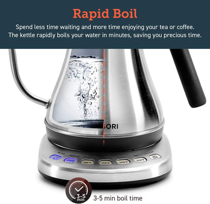 Cosori Electric Gooseneck Kettle Smart Bluetooth with Variable Temperature Control, Pour Over Coffee & Tea, 100% Stainless Steel Inner Lid & Bottom, Quick Heating, Matte Black