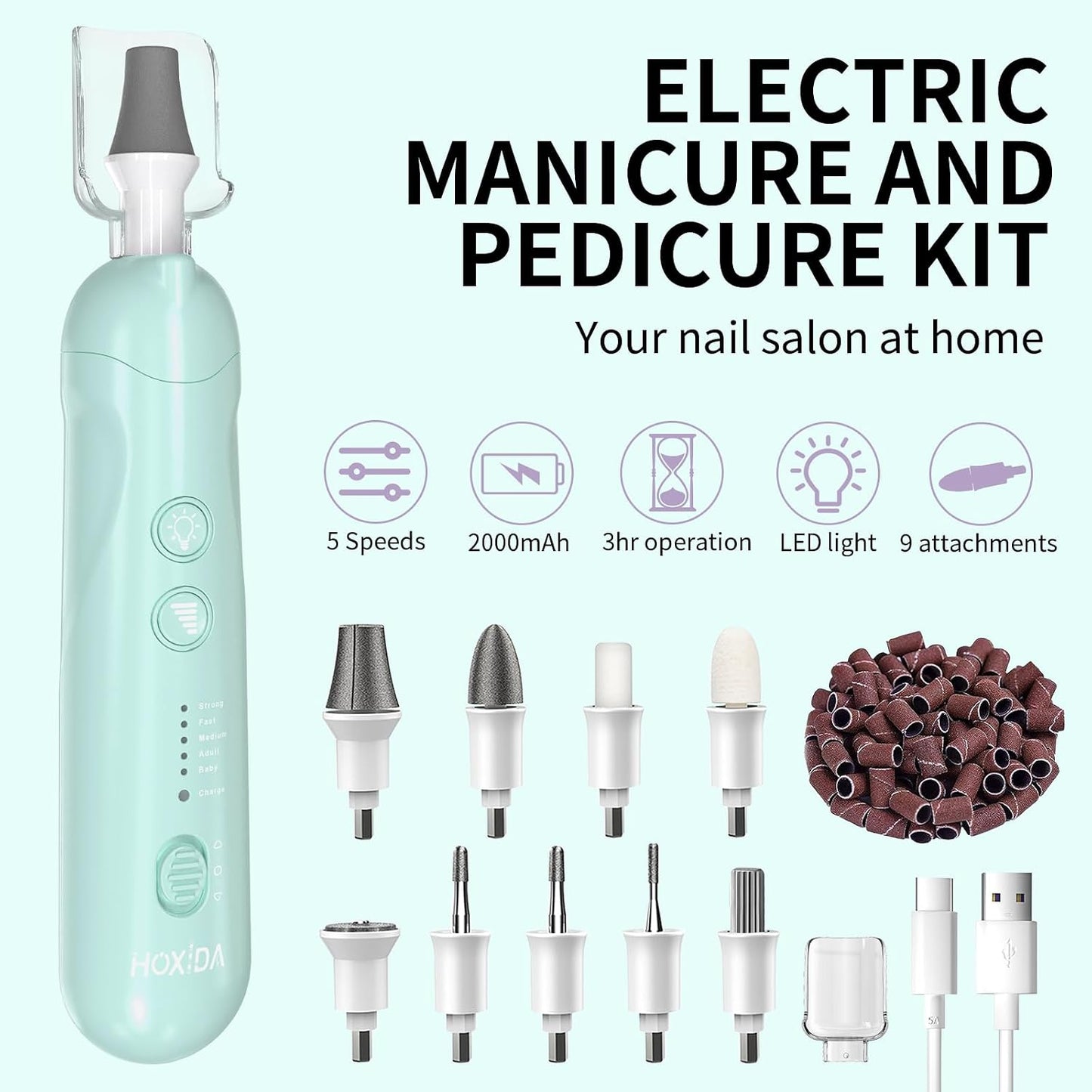 Hoxida Manicure Pedicure Kit, Professional Nail Grinder for Senior Thick Toenail, Cordless Electric Nail File, 5 Speeds Pedicure Tools for feet Callus Remover, Nail Drill for Women Hand Feet Care