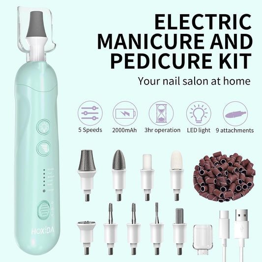 Hoxida Manicure Pedicure Kit, Professional Nail Grinder for Senior Thick Toenail, Cordless Electric Nail File, 5 Speeds Pedicure Tools for feet Callus Remover, Nail Drill for Women Hand Feet Care