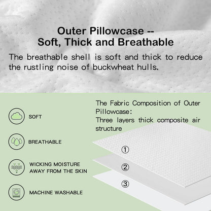 LOFE® Organic Buckwheat Pillow for Sleeping with Organic Cotton Pillowcase | Adjustable Height for Neck Pain Relief, 20x26'' For Side/Back Sleepers, Cooling Pillow, Machine Washable Pillowcase