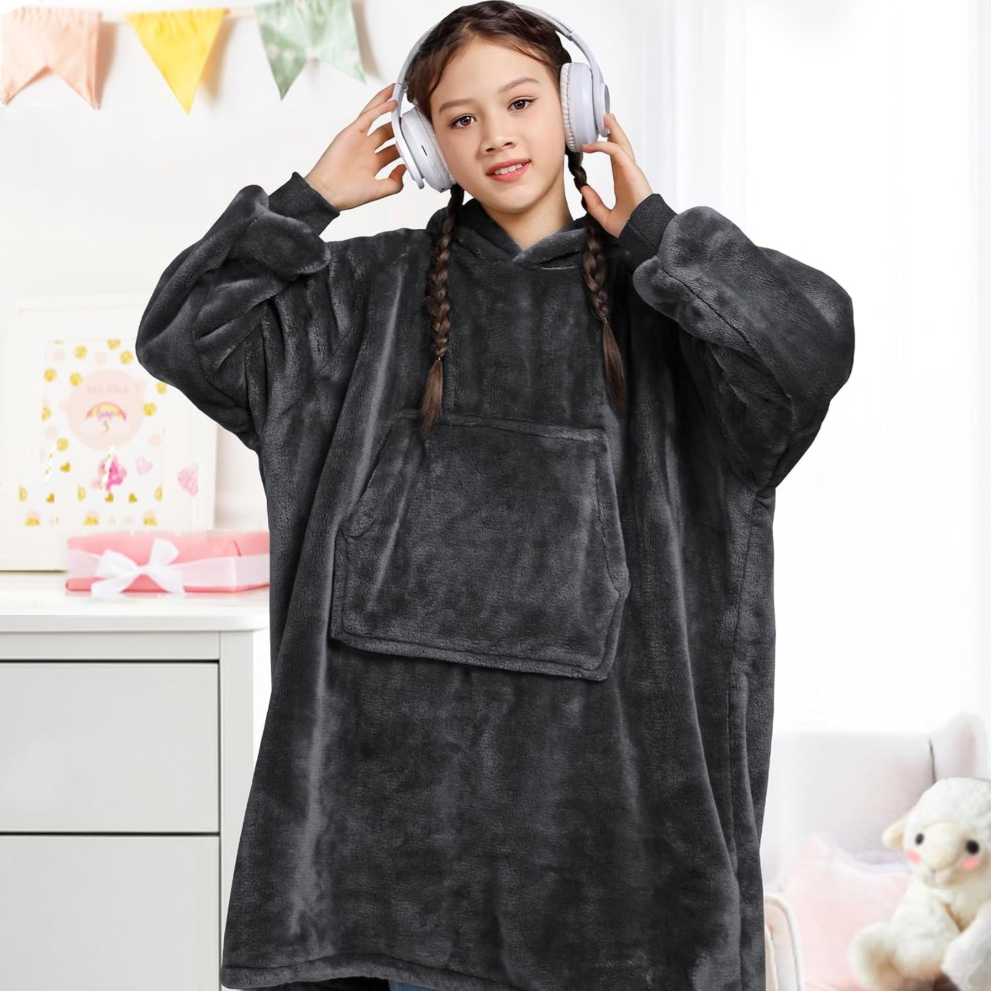 Waitu Wearable Blanket Sweatshirt Gifts for Women and Men, Warm and Cozy Giant Blanket Hoodie, Thick Flannel Blanket with Sleeves and Giant Pocket - Dark Gray