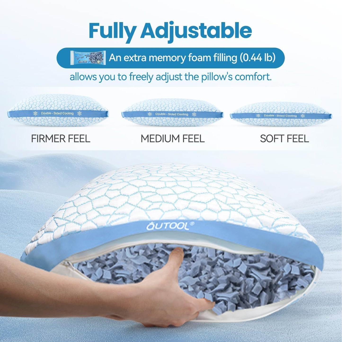 QUTOOL Double Sided Cooling Pillow for Hot Sleepers, Shredded Memory Foam Pillows Queen Size Set of 2, Adjustable Soft & Firm Gel Bed Pillow for Side, Back, Stomach Sleepers