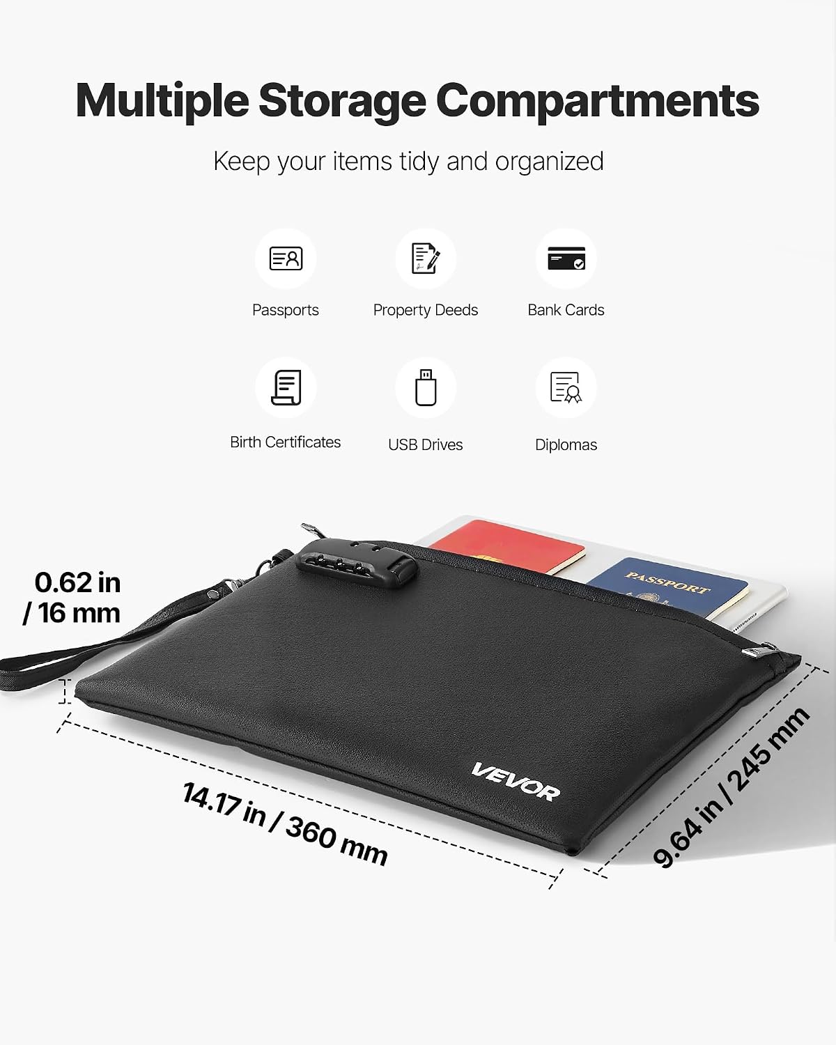 VEVOR Fireproof Document Bag, 1832 ℉ Heat Insulated Fireproof & Waterproof Bag, Portable Multi-Layer File Storage Security Organizer Home Office Travel Use, for Passports, Important Documents, Files