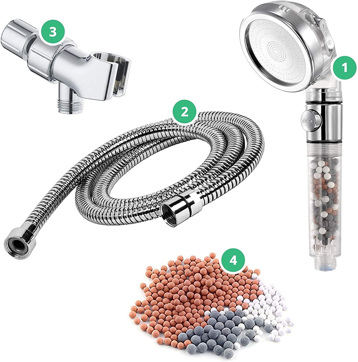 Original StoneStream Filtered Shower Head, Eco Power High Pressure Water Softener Showerhead with ON/OFF switch and Spa like Ionic beads for Dry Skin & Hair — 3 Spray Settings