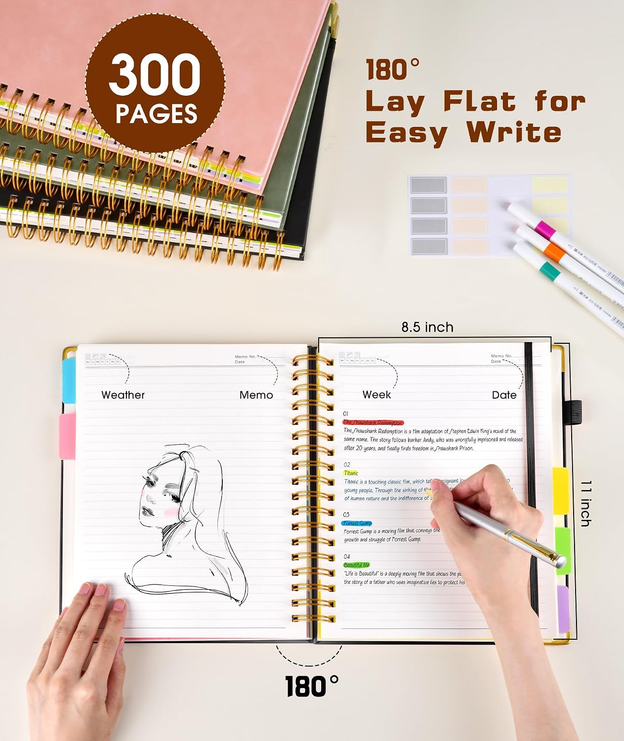 Hardcover Spiral Notebook journal with Removable Dividers Tabs, 300 Pages Leather 5 Subject Notebook College Ruled, 8"x10" Large B5 Notebooks for Work School Note taking, Lined Journal for Women,Black