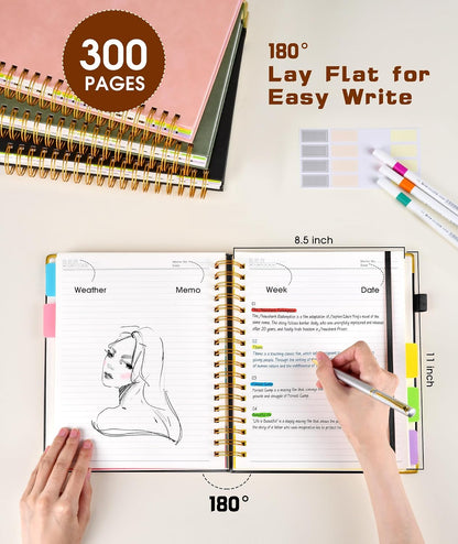 Hardcover Spiral Notebook journal with Removable Dividers Tabs, 300 Pages Leather 5 Subject Notebook College Ruled, 8"x10" Large B5 Notebooks for Work School Note taking, Lined Journal for Women,Black