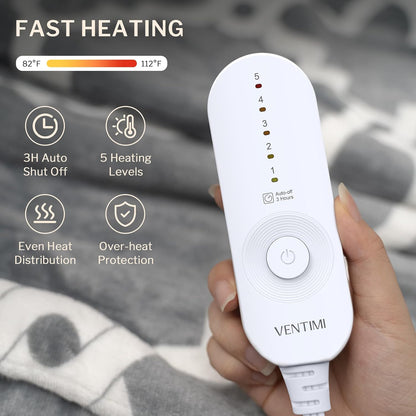 VENTIMI Electric Blanket Heated Throw, 50" x 60" Heated Blanket with 5 Heat Levels & 3 Hours Auto Off, Fast Heating Blankets with ETL & FCC Certification, Grey