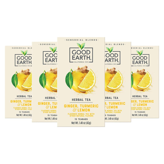Good Earth Sensorial Blend Flavored Herbal Tea Ginger, Turmeric and Lemon, No Artificial Color, No Preservatives, 15 Bag (Pack of 5)
