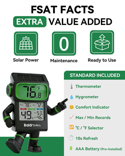 BALDR Solar Indoor Thermometer Hygrometer, Max/Min, Comfort Meter (White)