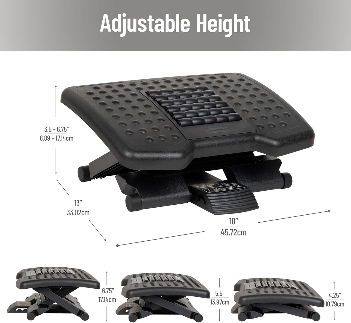 Mind Reader Foot Rest, Under Desk at Work, Ergonomic, Height Adjustable, Office, Plastic, Black