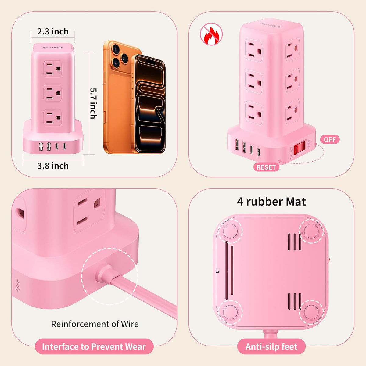 Extension Cord with Multiple Outlets, SMALLRT Power Strip Tower, Outlet Extender with 12 AC Outlets 4 USB, 6.5FT Extension Cord for Home Dorm Room, Office Supplies,Overload Protection