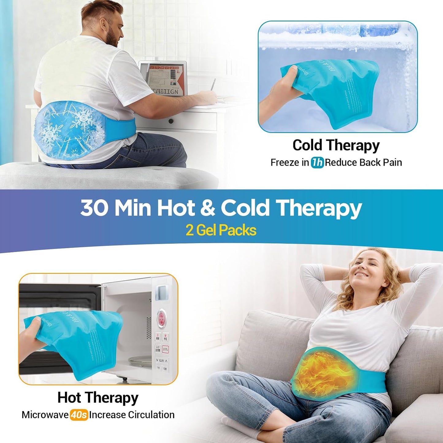 Comfytemp Ice Pack for Back Pain Relief, 2 Pcs, Sciatica Ease Brace, Reusable Gel Lower Back Ice Wrap for Injuries, Hot Cold Compress for Lower Lumbar, Waist, Men Women After Surgery (Blue)