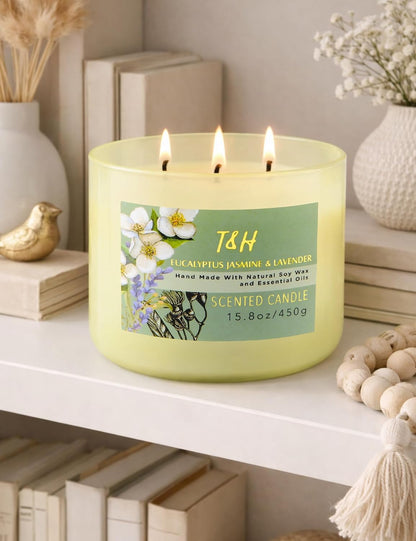 Eucalyptus Jasmine Lavender Scented Candle | 3-Wick Large Soy Candle for Home, 15.8 oz | Eucalyptus & Lavender Aromatherapy Candle | Self Care Gifts for Women, Candles for Men