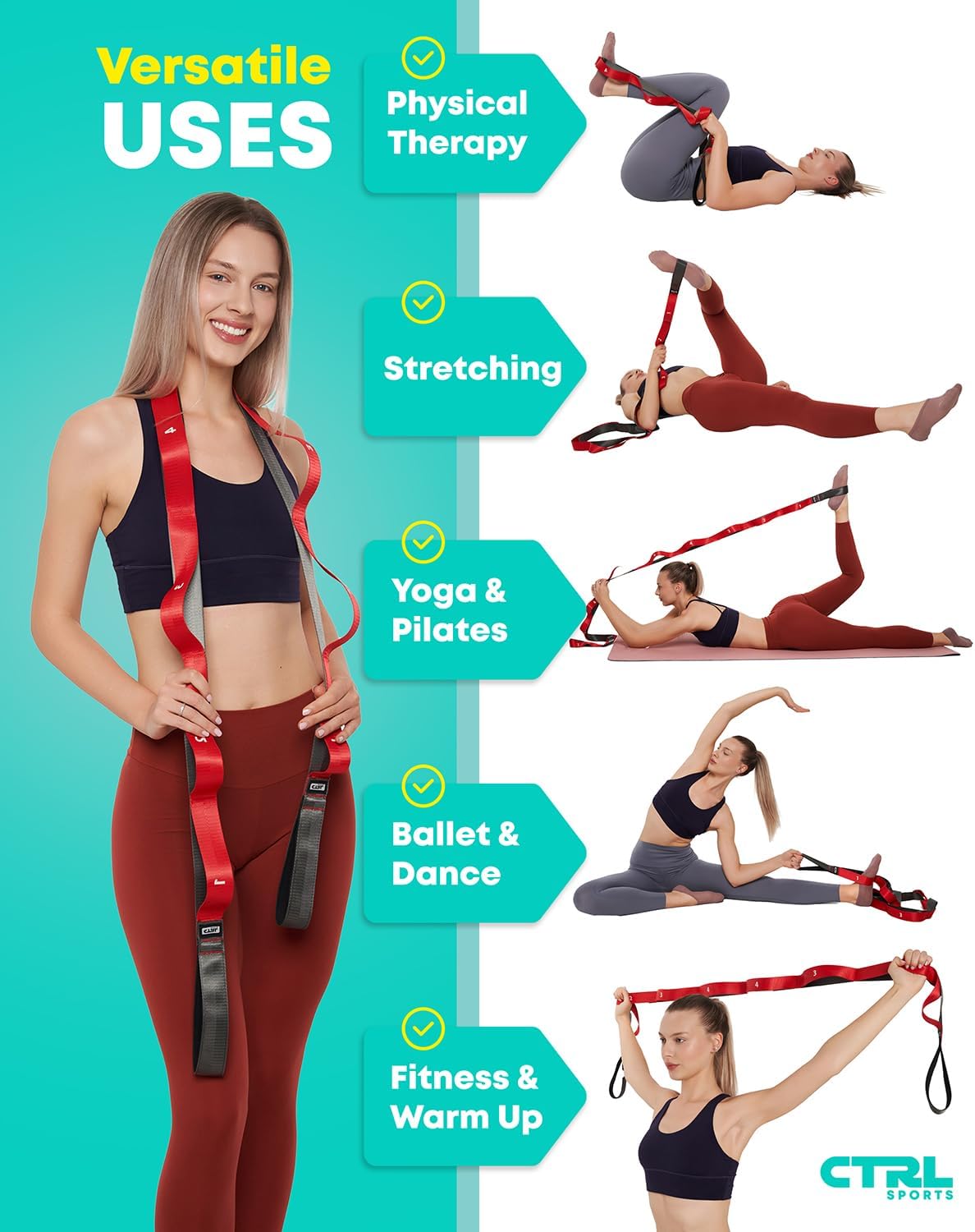 Stretching Strap with Loops - Non Elastic Stretch Band for Physical Therapy, Yoga Strap for Stretching Equipment, Stretch Bands for Exercise and Flexibility - Fascia, Hamstring & Leg Stretcher Belt