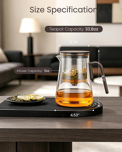 ZENS Magnetic Tea Pot, Enchanted Glass Teapot with Infuser and Magnetic Suction Lid for Mess-Free Loose Tea Diffusers, Walnut Wood Handle, Tea Lovers Gifts