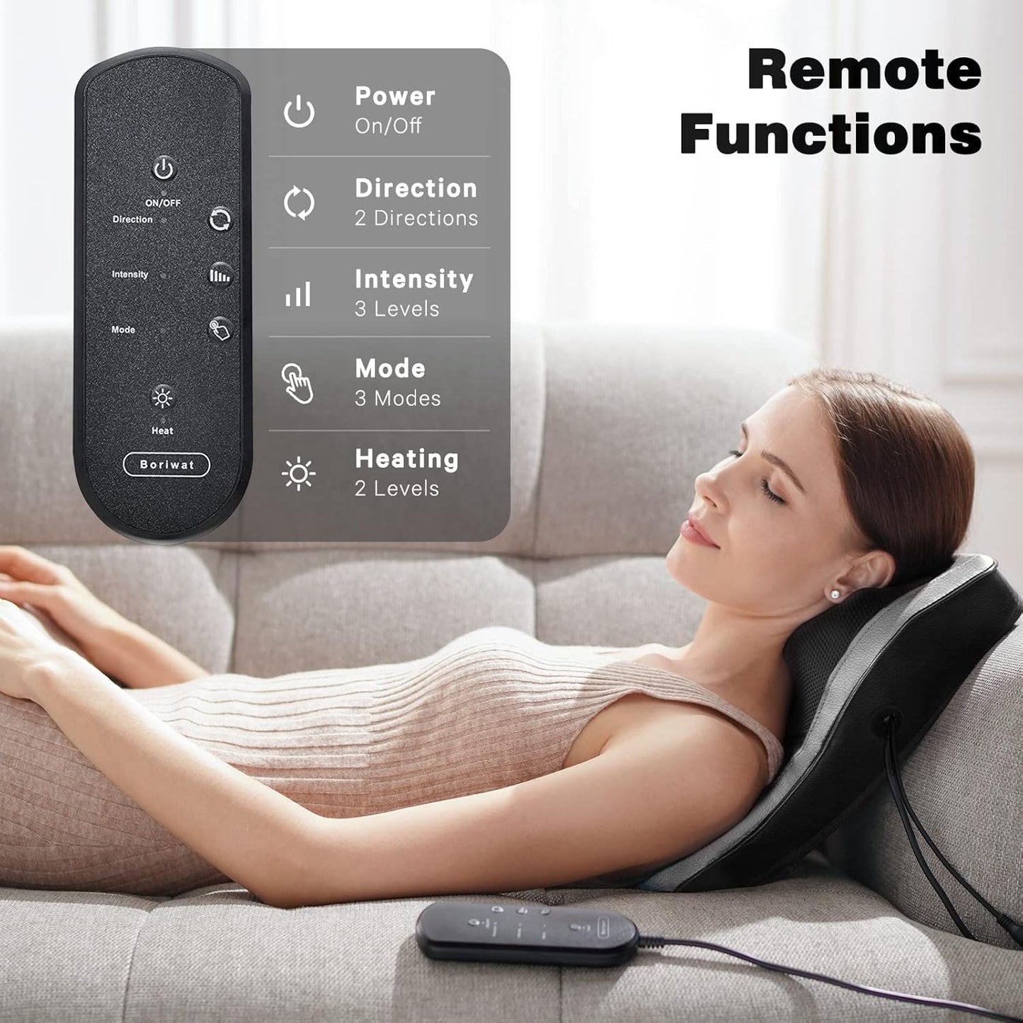 Boriwat Back Massager with Heat, 3D Kneading Massage Pillow for Back, Neck, Shoulder, Leg Pain Relief Deep Tissue, Gifts for Women Men Mom Dad