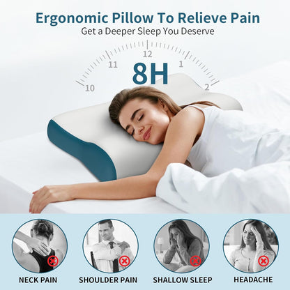 Cervical Neck Pillow for Pain Relief, Contour Memory Foam Pillows for Sleeping, Ergonomic Pillow Orthopedic Cooling Pillow Bed Pillow Neck Support for Side Back Stomach Sleepers(White&Blue)