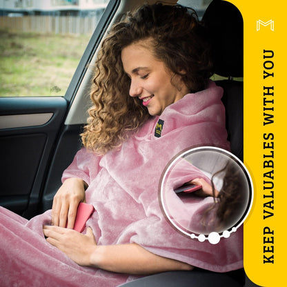 Travel Blanket Airplane Compact with Hoodie – 2in1 Airplane Travel Accessories from Plane Blanket to Travel Pillow with Luggage Strap, Soft Handle & Secure Pocket
