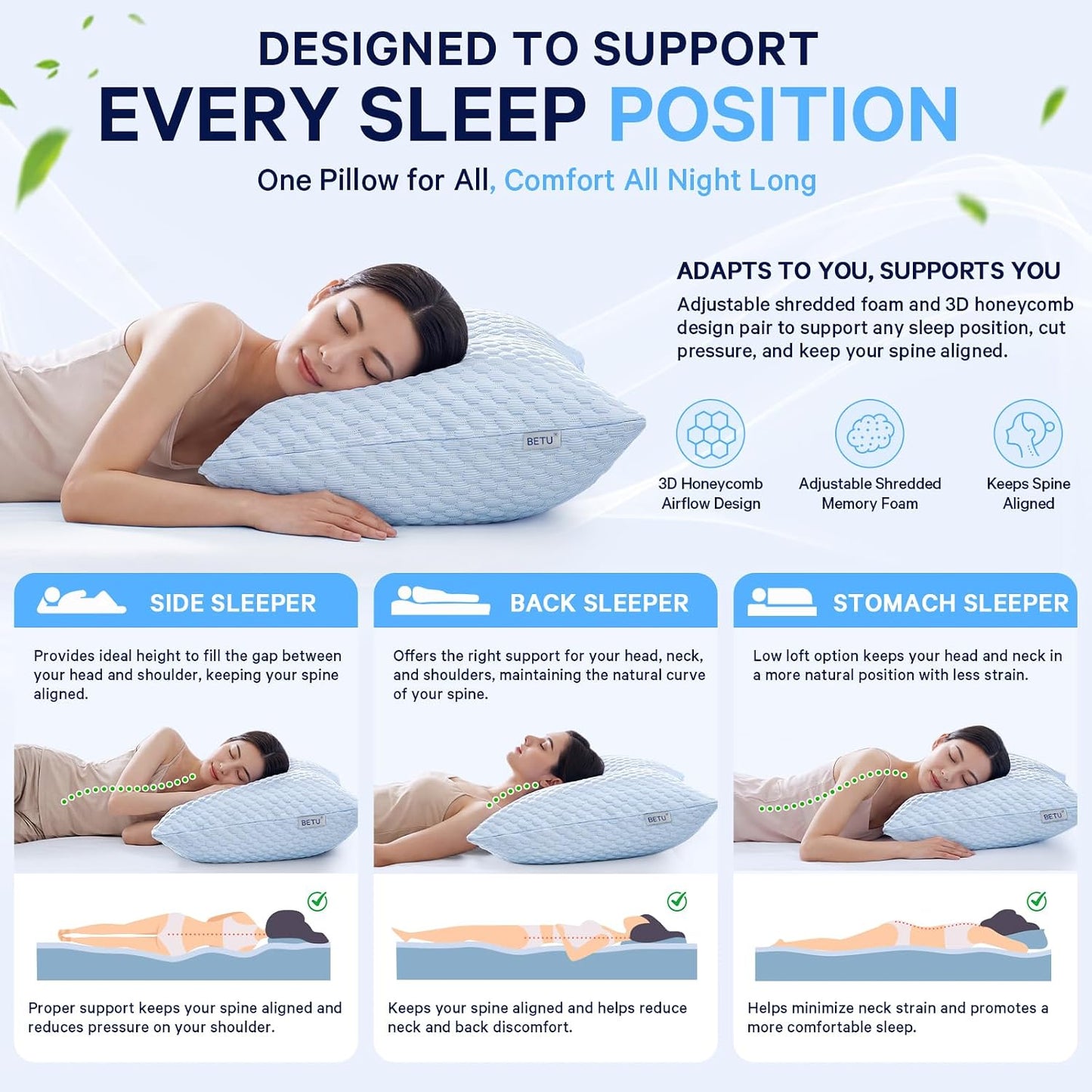 BETU Cooling Pillow Queen Size, Shredded Memory Foam Pillow for Hot Sleepers, Adjustable Firm Soft Support Pillows, Cool Bed Pillows for Side Back Stomach Sleeping Sleepers, gifts for boyfriend, White