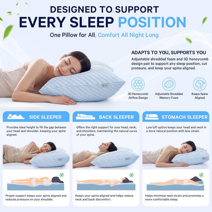 BETU Cooling Pillow Queen Size, Shredded Memory Foam Pillow for Hot Sleepers, Adjustable Firm Soft Support Pillows, Cool Bed Pillows for Side Back Stomach Sleeping Sleepers, gifts for boyfriend, White
