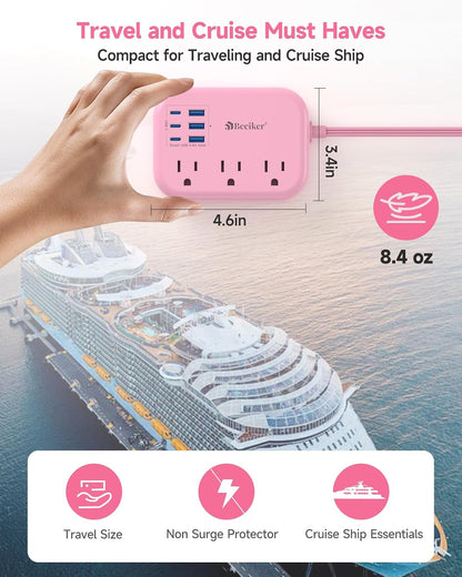 6 USB(3 USB C) Power Strip- Travel Power Strip with 6 USB Desktop Charging Station 24W/4.8A and 3 Outlets, 5Ft Flat Plug Braided Extension Cord, Non Surge Protector for Cruise Ship Travel Office Dorm