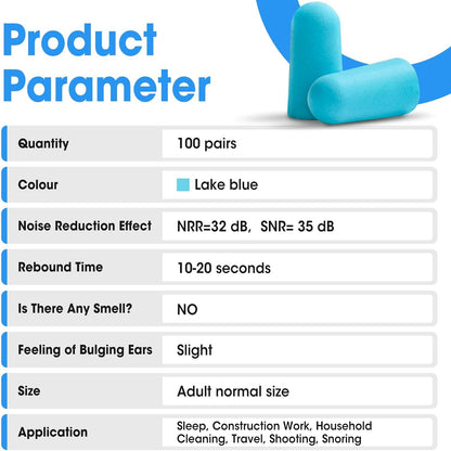 AZEN 100 Pairs Ear Plugs Bulk, NRR 32dB Soft Foam Ear Plugs for Sleeping Noise Cancelling, Earplugs for Concerts Shooting Swimming Noise Reduction (Lake Blue)