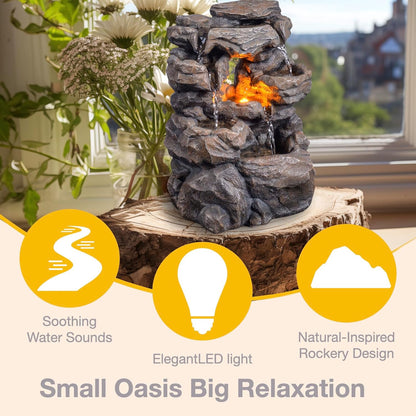 Cascading Indoor Tabletop Water Fountains with LED Light - Rockery Waterfall Fountain - Quiet and Relaxing Water Sound - Small 9.7 Inch Desktop Size - Home/Office Decor