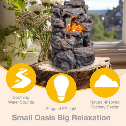 Cascading Indoor Tabletop Water Fountains with LED Light - Rockery Waterfall Fountain - Quiet and Relaxing Water Sound - Small 9.7 Inch Desktop Size - Home/Office Decor