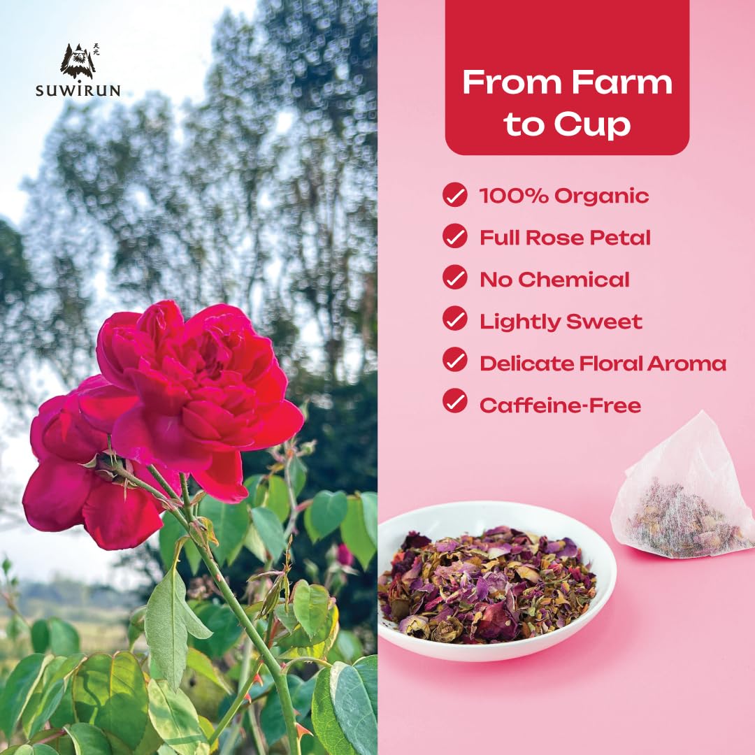 Suwirun Organic Rose Tea 25 Bags – 100% Pure Rose Petals – Delicate Floral Aroma, Naturally Caffeine-Free – Relaxing Herbal Tea, Enjoy Hot or Cold
