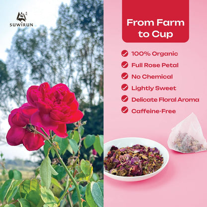 Suwirun Organic Rose Tea 25 Bags – 100% Pure Rose Petals – Delicate Floral Aroma, Naturally Caffeine-Free – Relaxing Herbal Tea, Enjoy Hot or Cold