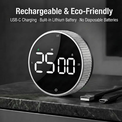 Rechargeable Magnetic Kitchen Timer, LED Countdown/Count-Up Timer, Supports USB-C Charging, with Loud Alarm, 3 Preset Quick Times (5/15/25m), Perfect for Kitchen Cooking, Studying, and Fitness