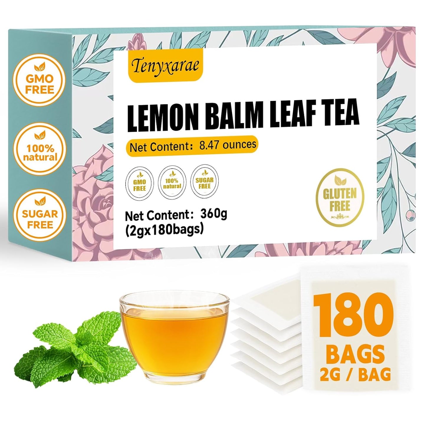 Lemon Balm Leaf Tea Bags-120 Tea Bags (2g/Bag), Made with 100% Natural Lemon Balm Leaves | Helps with Digestion and Antioxidation | Caffeine-Free | Sugar-Free | Gluten-Free | Vegan | Eco-Friendly Tea Bags