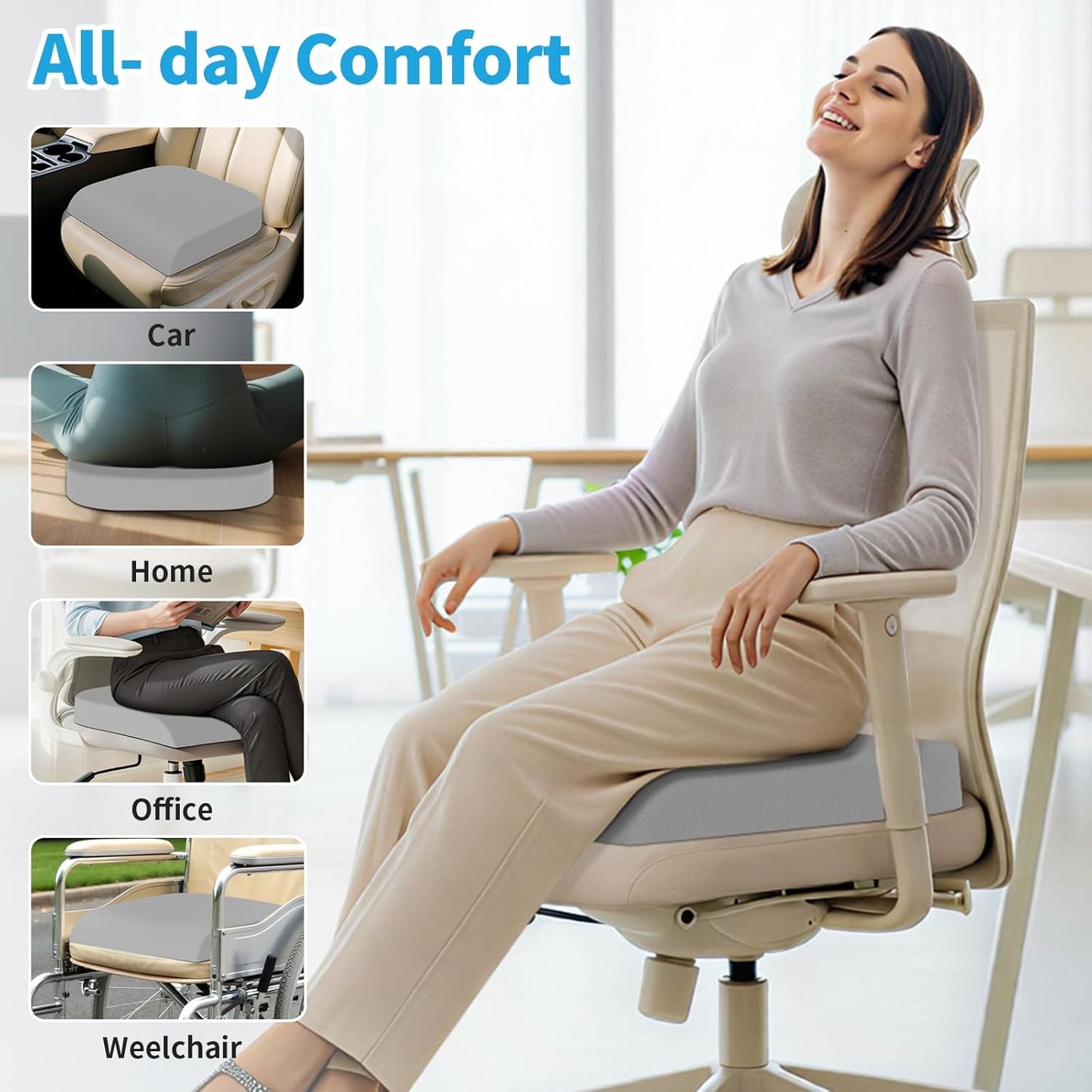 TranquilRelax Large Seat Cushion, Memory Foam Cushion for Long Sitting Hours on Office Chair, Car Seat, Non-Slip Chair Pad for Sciatica, Coccyx, Tailbone Pain Relief & Post-Surgery Recovery (Black)