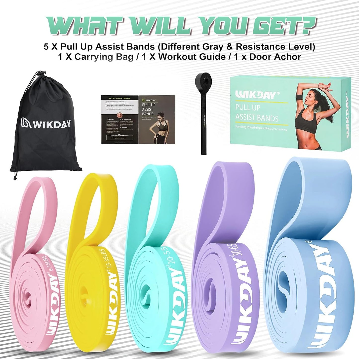 WIKDAY Resistance Bands, Pull Up Bands, Workout Bands for Exercise, Thick Heavy Resistance Band Set with Door Anchor, Elastic Bands for Body Stretching, Training at Home/Gym for Men & Women