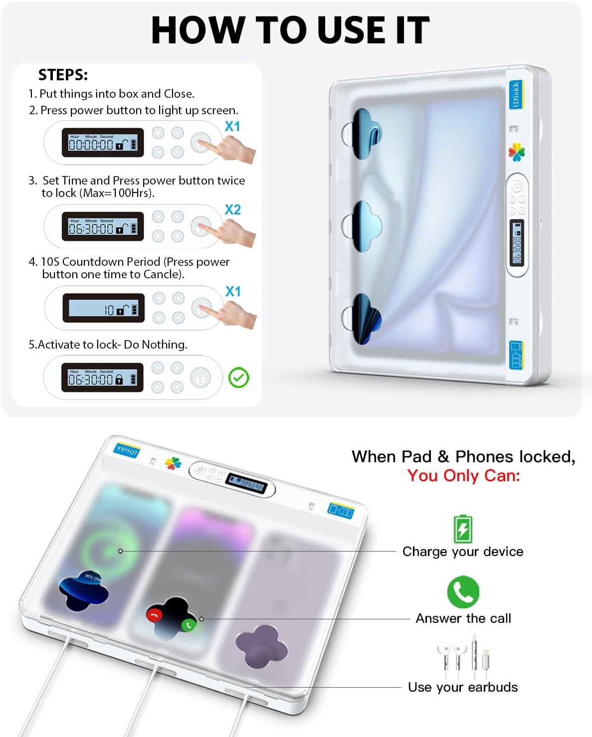 iDiskk Large Timer Lock Box for Phone iPad Self Control for Kids & Adults